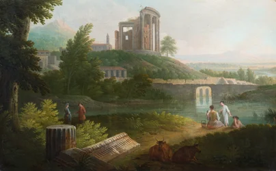 Italienische pastorale Landschaft mit klassischen Ruinen auf einem Felsen über einem See