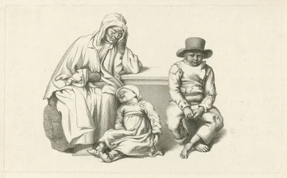 Sitzende alte Frau und zwei Kinder