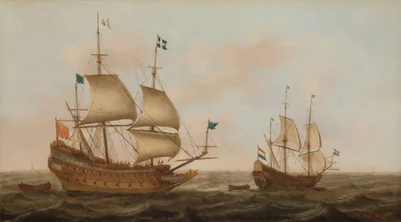 Ein für Frankreich gebautes Kriegsschiff und eine niederländische Yacht unter Segel