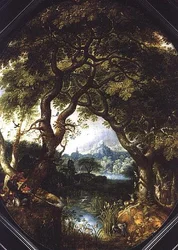 Waldlandschaft mit Jägern an einem Bach