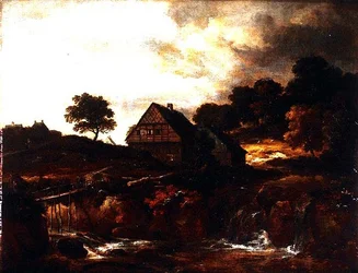 Bewaldete Landschaft mit Bauer auf einer Brücke über einen Wildbach
