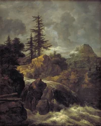 Landschaft mit Wasserfall und Hütte