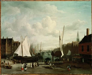 Hafen mit Segelbooten und Marktständen