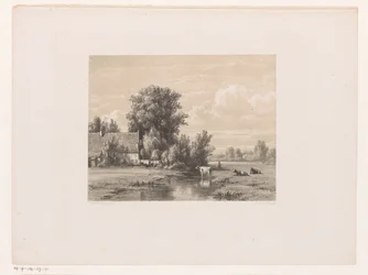 Landschaft mit Bauernhof und Kuh im Wasser