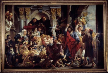 Jesus vertreibt die Händler aus dem Tempel. Gemälde von Jacob Jordaens (1593-1678) 17. Jahrhundert
