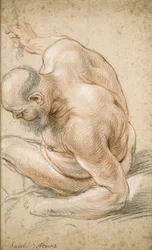 Alter nackter Mann sitzend, auf seinen Unterarm gestützt, nach links gewandt, ca. 1640