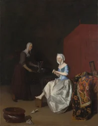 Eine junge Dame schneidet ihre Fingernägel, bedient von einer Dienstmagd, um 1670