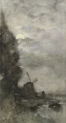 Landschaft mit Mühle bei Mondlicht