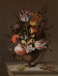 Stillleben mit einer Blumenvase und einem toten Frosch