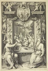 Anbetung der Hirten mit Peter und Paulus in einem allegorischen Rahmen