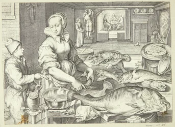 Küchenszene mit einer Küchenmagd, die Fische säubert