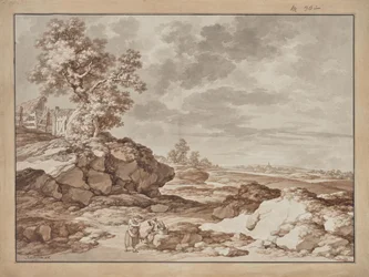 Landschaft mit Dorf und zwei Bauern