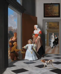 Eine Krankenschwester und ein Kind in einem eleganten Foyer