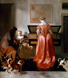 Eine Frau spielt ein Virginal, eine andere singt, und ein Mann spielt Geige. 1675-1682.