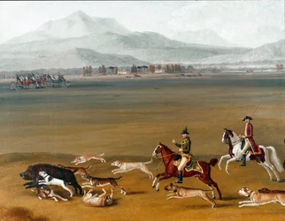 Ferdinand IV. jagt Wildschweine auf dem Anwesen von Cassano (Detail). Gemälde von Jakob Philipp Hackert, 18. Jahrhundert. Neapel, Museo Nazionale di Capodimonte