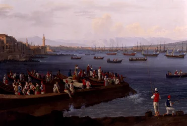 Die Bucht von Neapel bei Santa Lucia, zeigt die Rückkehr der Flotten aus Algier