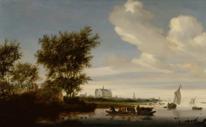 Eine entfernte Ansicht von Alkmaar mit Bauern und Vieh auf einer Fähre