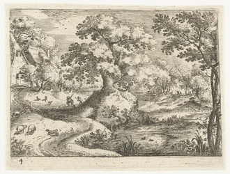 Landschaft mit Reisenden in der Nähe von Häusern