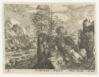 Landschaft mit Reisenden auf steilem Felsen