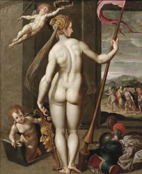 Minerva hält eine Lanze und wird mit Lorbeeren gekrönt
