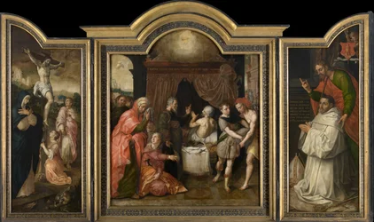 Die Kreuzigung (linker Flügel), Die Prophezeiung der Genesung des Hiskia (Mittelteil), Abt Jacobus Delrio mit Schutzpatron (rechter Flügel)