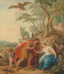 Jupiter, als Hirte verkleidet, verführt Mnemosyne, die Göttin der Erinnerung, 1727