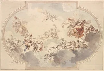 Viele Genien und Bacchanten schweben in Wolken