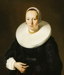 Porträt einer Dame, halblang, in einem schwarzen Applikationsmieder und Kleid und einer Mühlsteinkrause