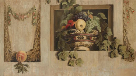 Stillleben mit Obst und Blumengirlanden