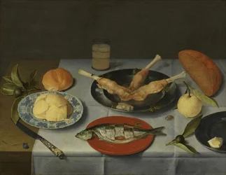 Frühstück mit Brot, Käse, Fisch und Bier, um 1615