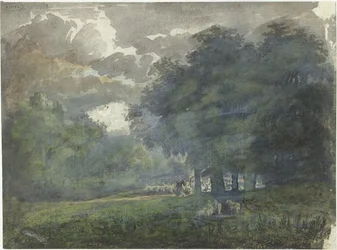 Hirten mit Herde in waldreicher Landschaft