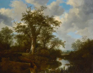 Bewaldete Landschaft mit Vieh, das einen Bach überquert
