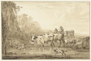 Hirte und Hirtin mit Rindern und Schafen an einem Teich