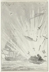 Explosion des niederländischen Kaperschiffs De Dappere Patriot im Kampf mit dem englischen Schiff Kameleon, 14. August 1781