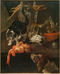 Küchenstück mit Hund und Katze