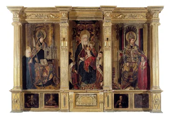 Der Altaraufsatz des Heiligen Ildefonso (gestorben 667, Bischof von Toledo) und des Heiligen Augustinus von Hippo (ca. 354-430, Berberphilosoph und Schriftsteller). Gemälde von Jaume Baco genannt Jacomart (1410-1461). Öl auf Holz, um 1450, Renaissancekunst