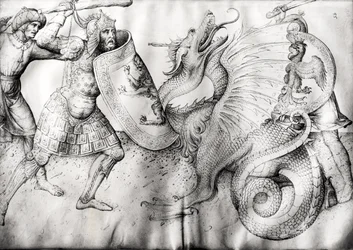 Kampf zwischen Kriegern und einem Drachen, ca. 1450