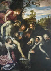 Toter Christus, unterstützt von drei Engeln, St. Dominikus und Spender