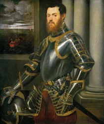 Porträt eines Mannes in einer goldverzierten Rüstung, ca. 1555
