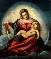 Die Madonna und das Kind in einer Mandorla auf einer Mondsichel und Wolken, mit dem Buch der Weisheit