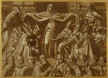 Die Madonna della Misericordia mit den Heiligen Franziskus und Dominikus, mit anderen Heiligen und Herrschern und einer Familie von Stiftern