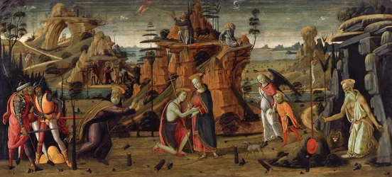 Landschaft mit biblischen Szenen und Szenen aus Heiligenlegenden