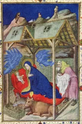 MS 11060-11061 Stunden Unserer Lieben Frau: Prime, Die Geburt Christi, aus den Tres Riches Heures du Duc de Berry, frühes 15. Jahrhundert (Detail)