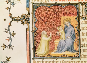 Jean de France (1340-1416) Herzog von Berry betet vor der Jungfrau und dem Kind, aus Les Petites Heures de Duc de Berry, ca. 1385-90