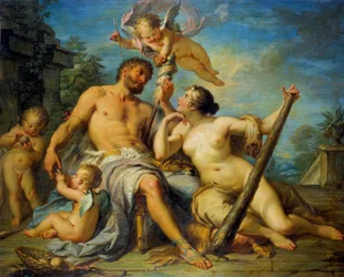 Herkules und Omphale. Herkules (Herakles) ist in Omphale verliebt, deren Sklave er ist. 1728. Maße: 1,33 x 1,67 m. Tours, Museum der Schönen Künste