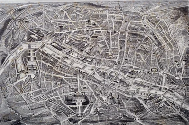 Reliefkarte von Paris und Umgebung mit Befestigungen. Gravur von Jacques Alphonse Testard (19. Jahrhundert)