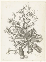 Blumenstrauß mit einer Tulpe, einer Hyazinthe, Brodiaea und Narzissen
