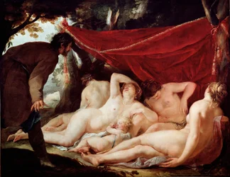 Komm und die Grazien überrascht von einem Sterblichen. Gemälde von Jacques Blanchard (1600-1638). Louvre Museum