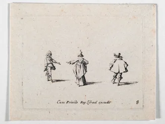 Eine Dame mit ausgestreckter Hand, von hinten gesehen, und zwei Kavaliere, aus Les Fantaisies de Noble J. Callot
