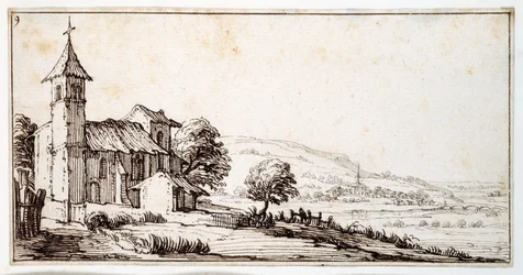Eine Flusslandschaft nahe Nancy, mit der Dorfkirche von Maxeville und einer anderen im mittleren Abstand, aus einem Album von Israel Silvestre, ca. 1630